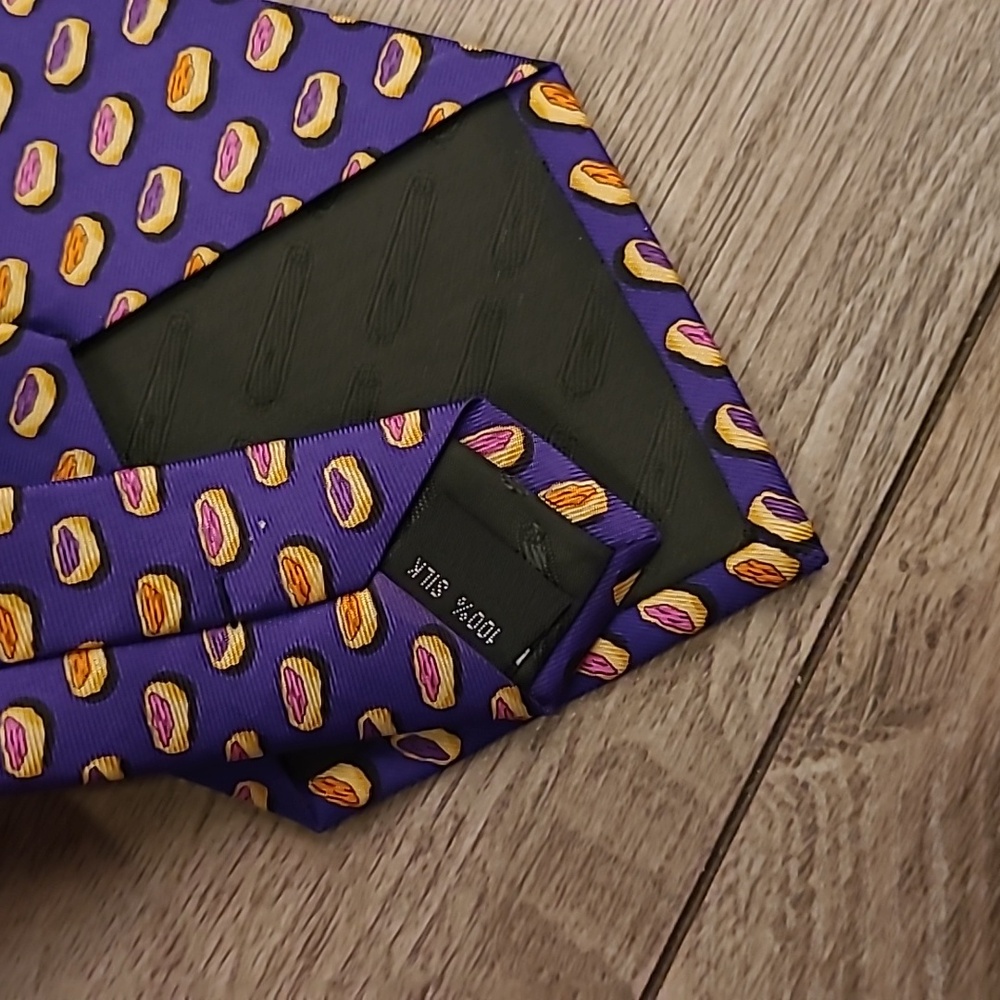 SINE DIE Purple Blue Whimsical Jelly Pastries Pattern Mens Silk Tie - Picture 6 of 6